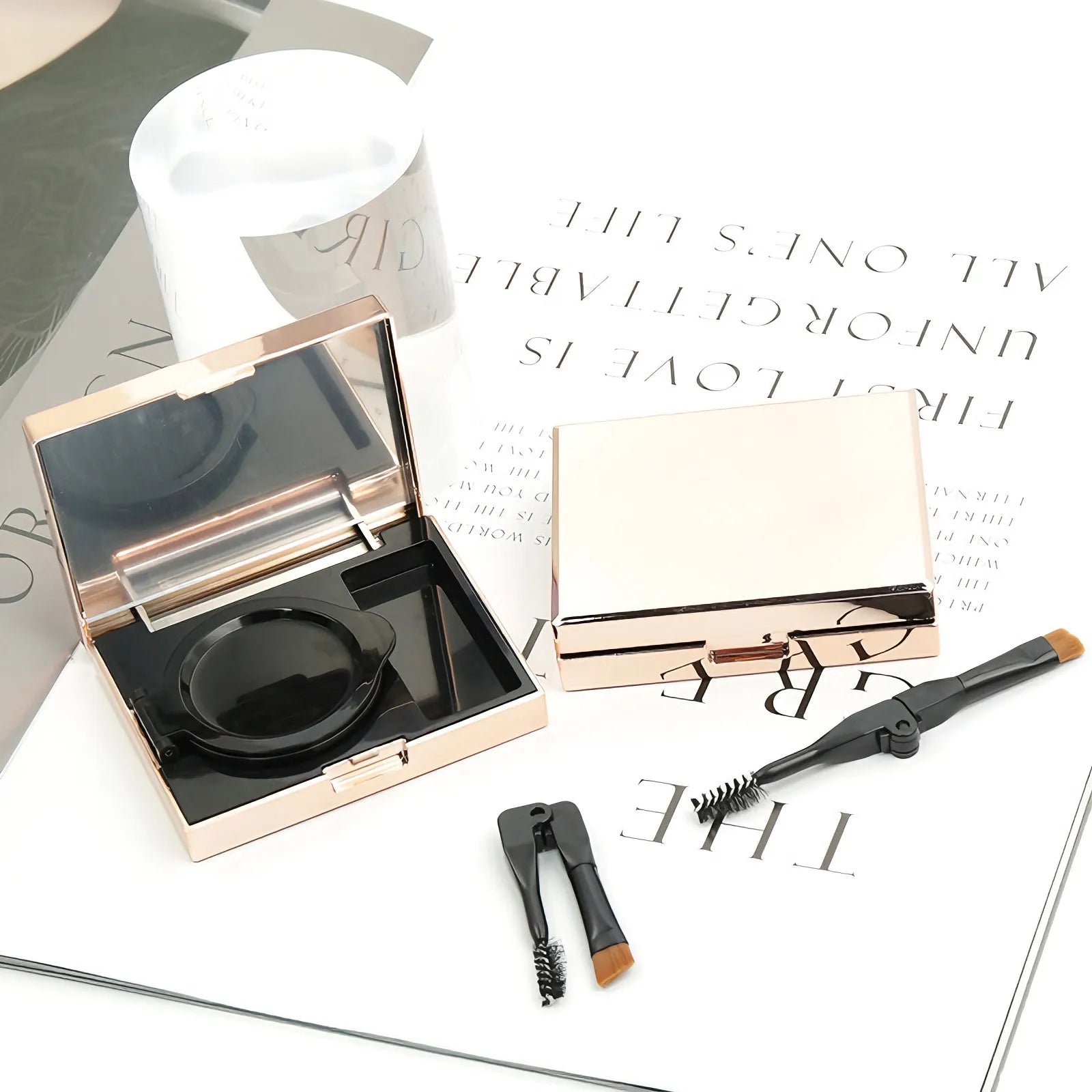 Kaiya eyebrow packaging with compact empty eyebrow container and mirror design