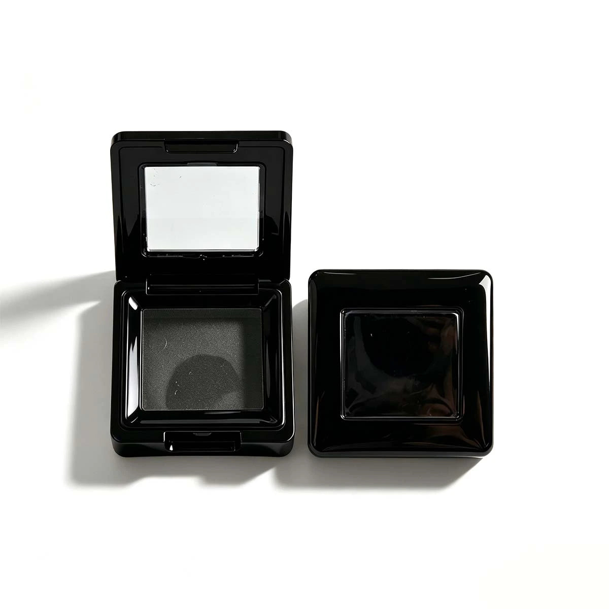 Black square Eyeshadow Compact Case with mirror and single-pan inner tray, suitable for custom single eyeshadow containers and compact eye makeup case projects.