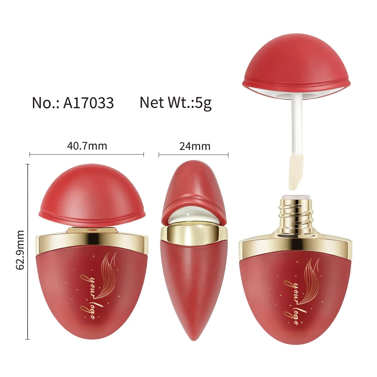 A17033 lip gloss container shown from the front and side with a red dome cap, dimension markings and a 5g capacity label