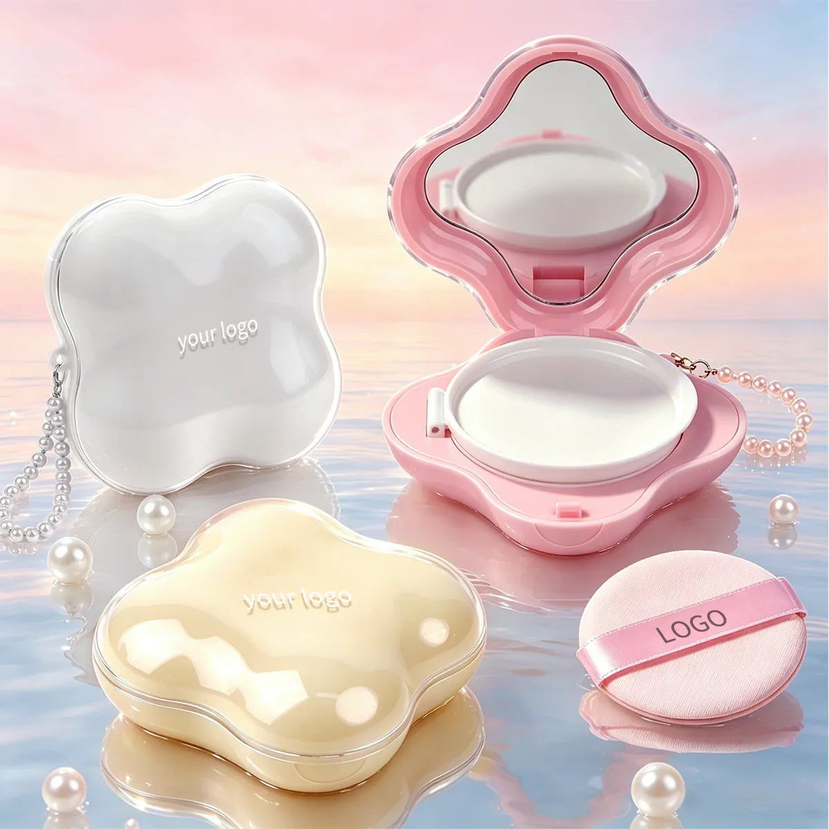 Flower-shaped empty cushion compact packaging in soft pink and pearl tones, designed for cute cushion foundation packaging and custom beauty brands.