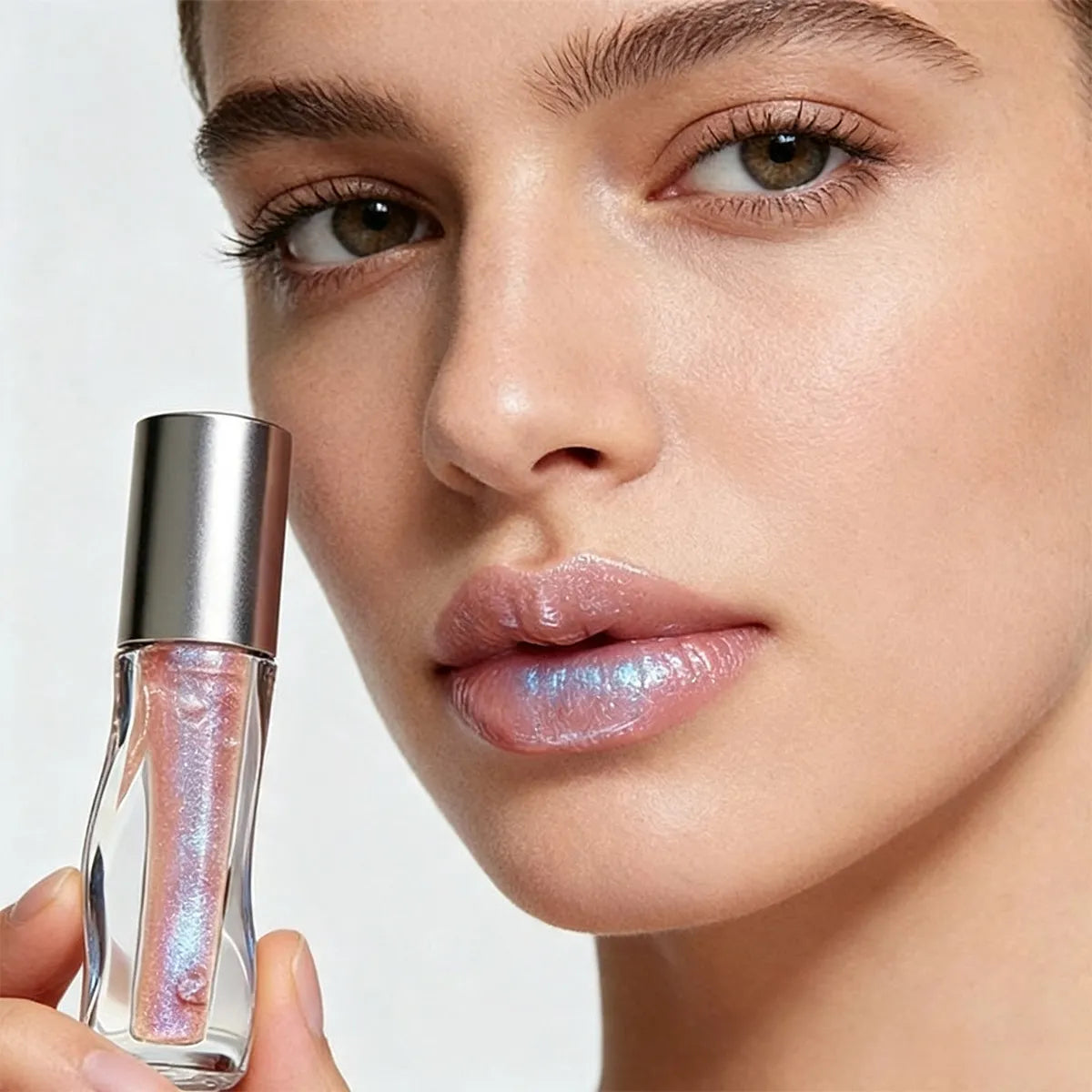 Iridescent glitter lip gloss with visible shimmer and a reflective glossy finish