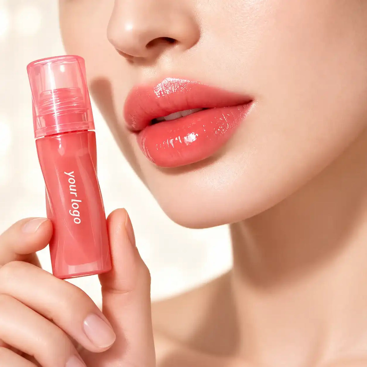 Glossy plumping lip gloss with a coral lip finish and a matching tube with a clear cap.