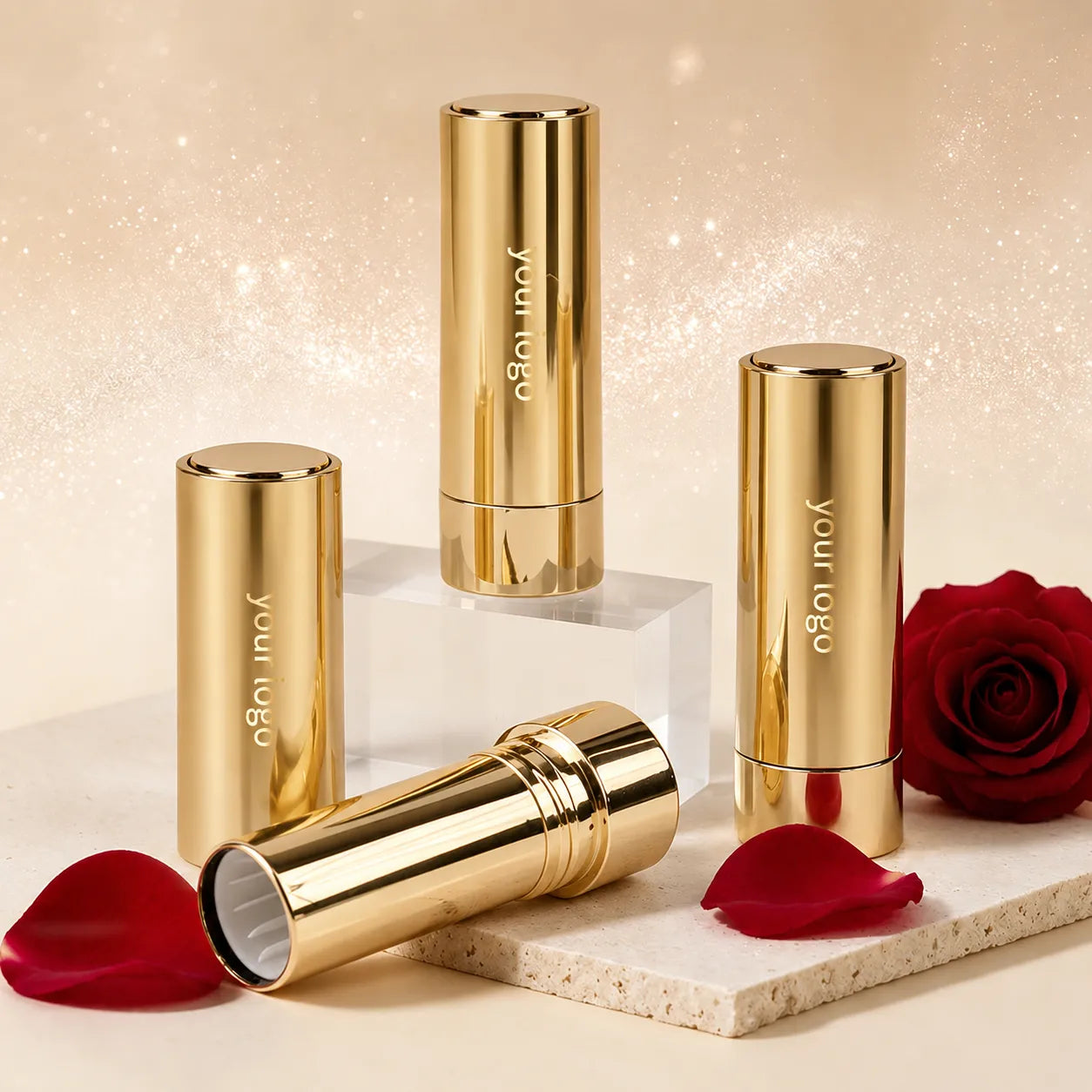 Gold container lipstick packaging with shiny metallic gold lipstick tubes, custom logo area, and luxury cosmetic packaging design