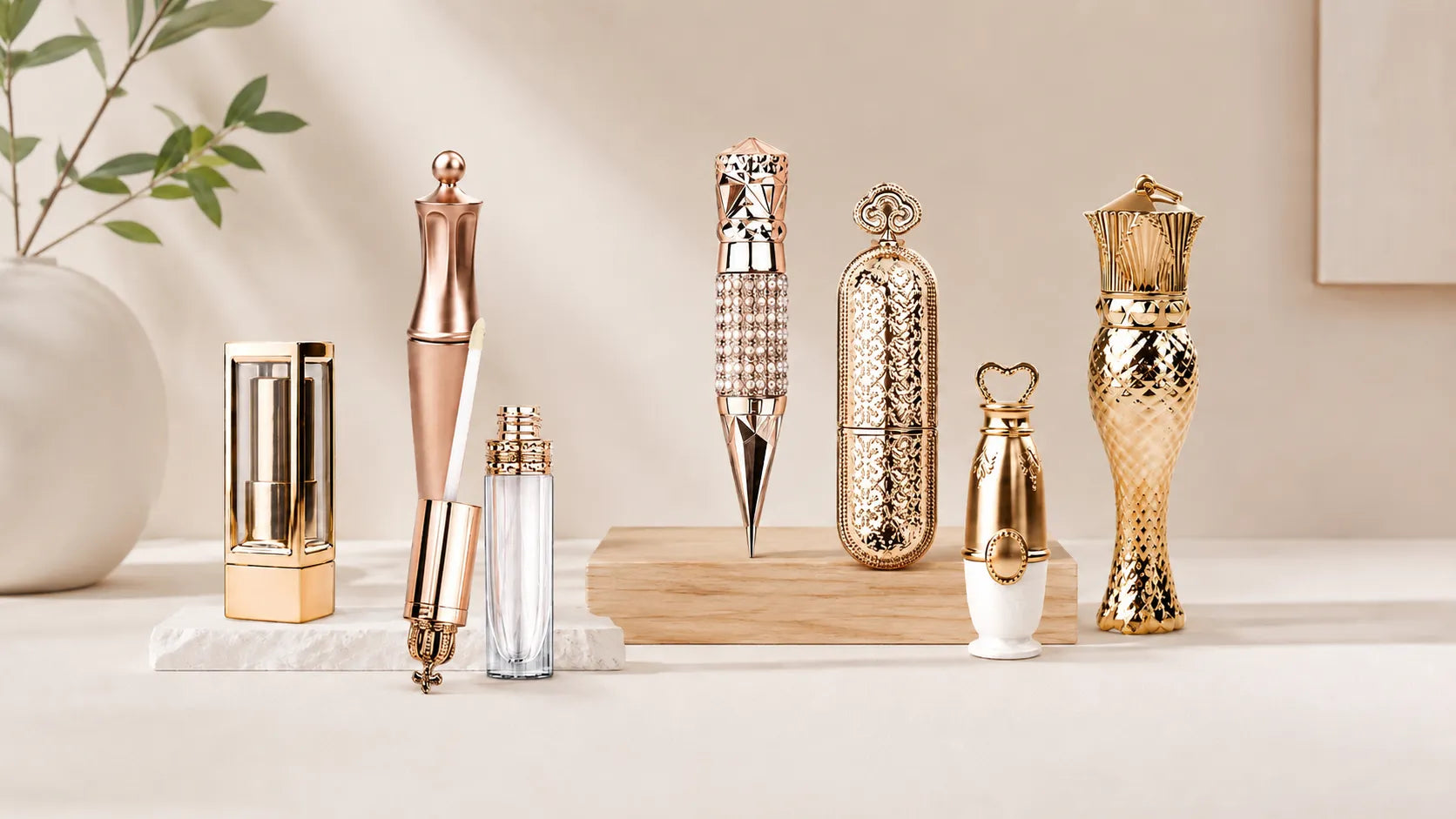 Kaiya gold makeup packaging display with luxury cosmetic containers, including gold lipstick tubes, lip gloss packaging, and decorative metal makeup containers.