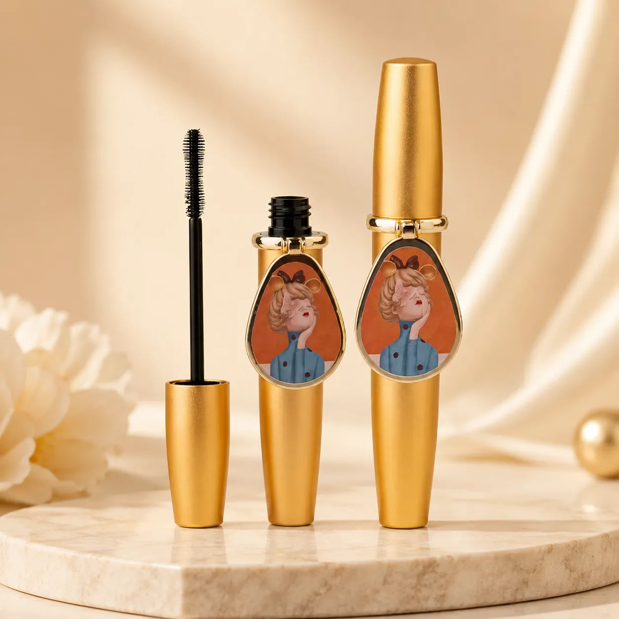 Kaiya gold mascara bottle with custom decorative label and matching brush applicator packaging.