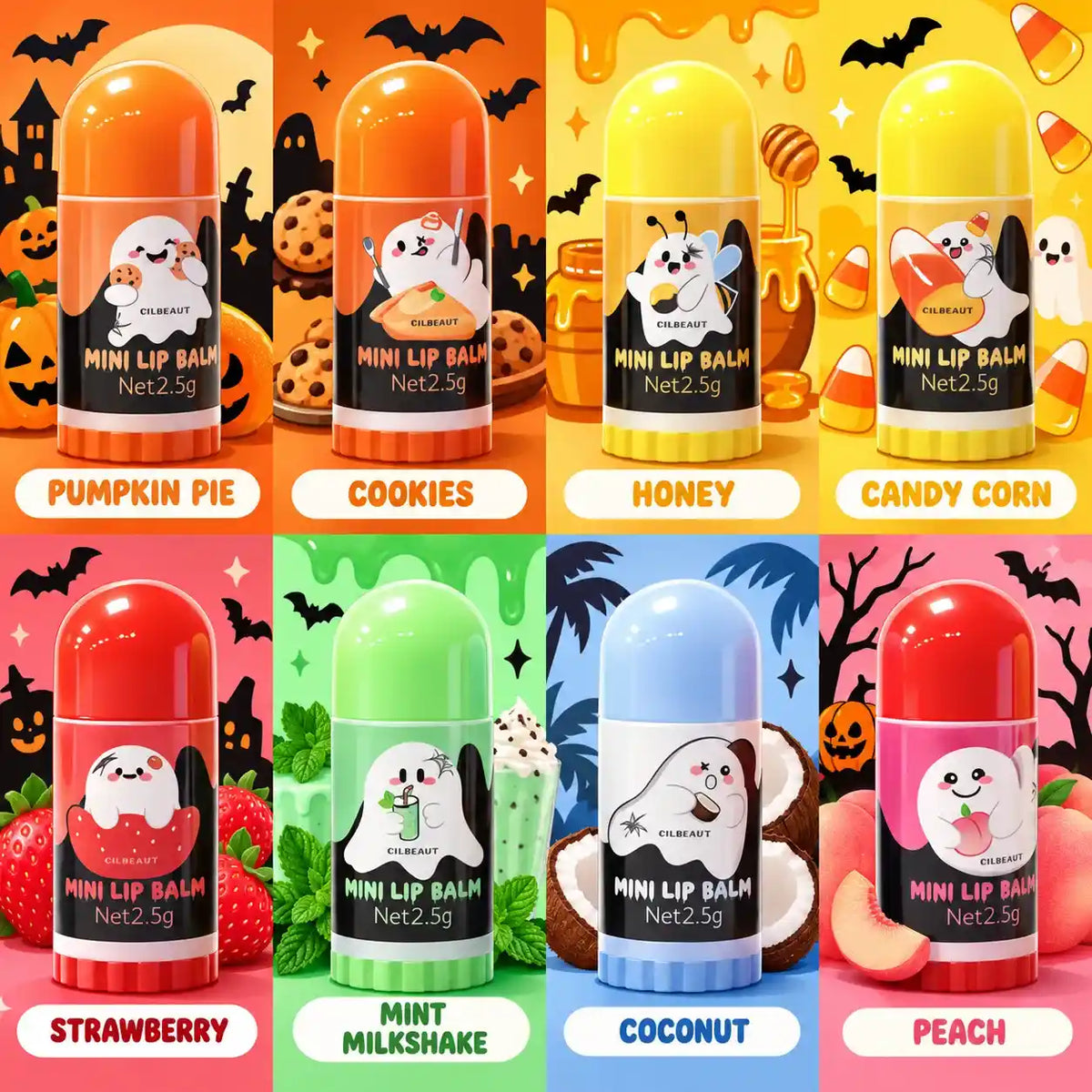 Eight Halloween mini lip balm flavors: pumpkin pie, cookies, honey, candy corn, strawberry, mint milkshake, coconut and peach.