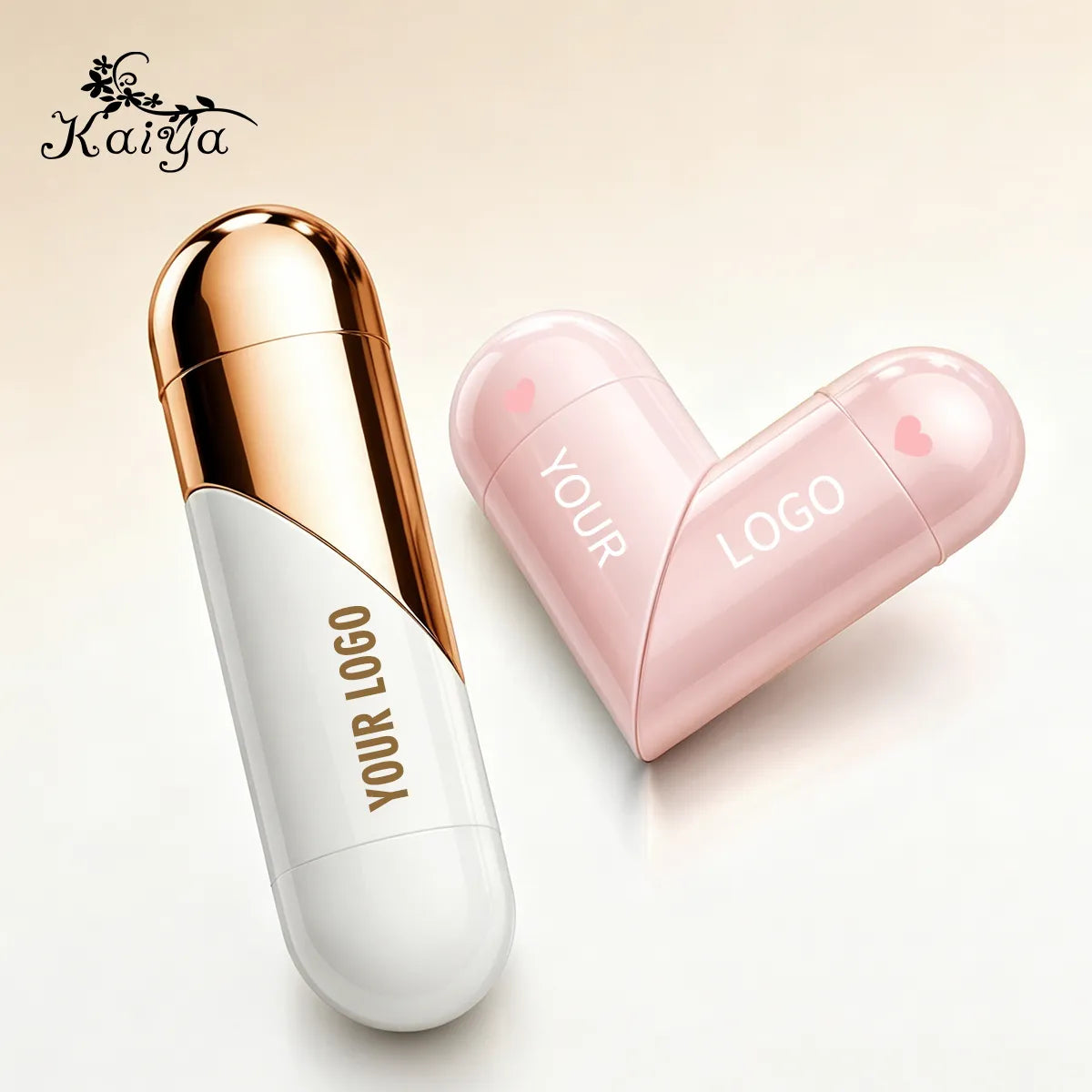 Heart shaped lip gloss tubes showing coordinated white, gold and pink color designs