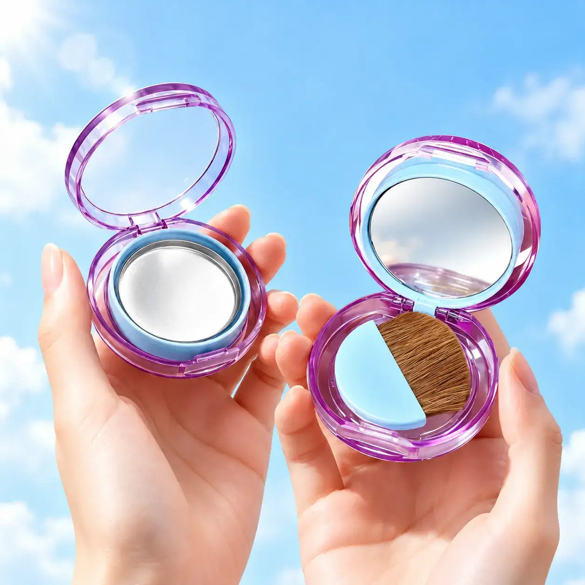 Purple highlighter compact containers with single empty pans, mirrors and a brush stored beneath one product tray.