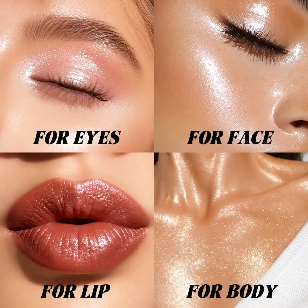 Highlighter makeup inspiration collage showing pearlescent eyelids, luminous cheekbones, glossy lips and shimmer across the collarbone.