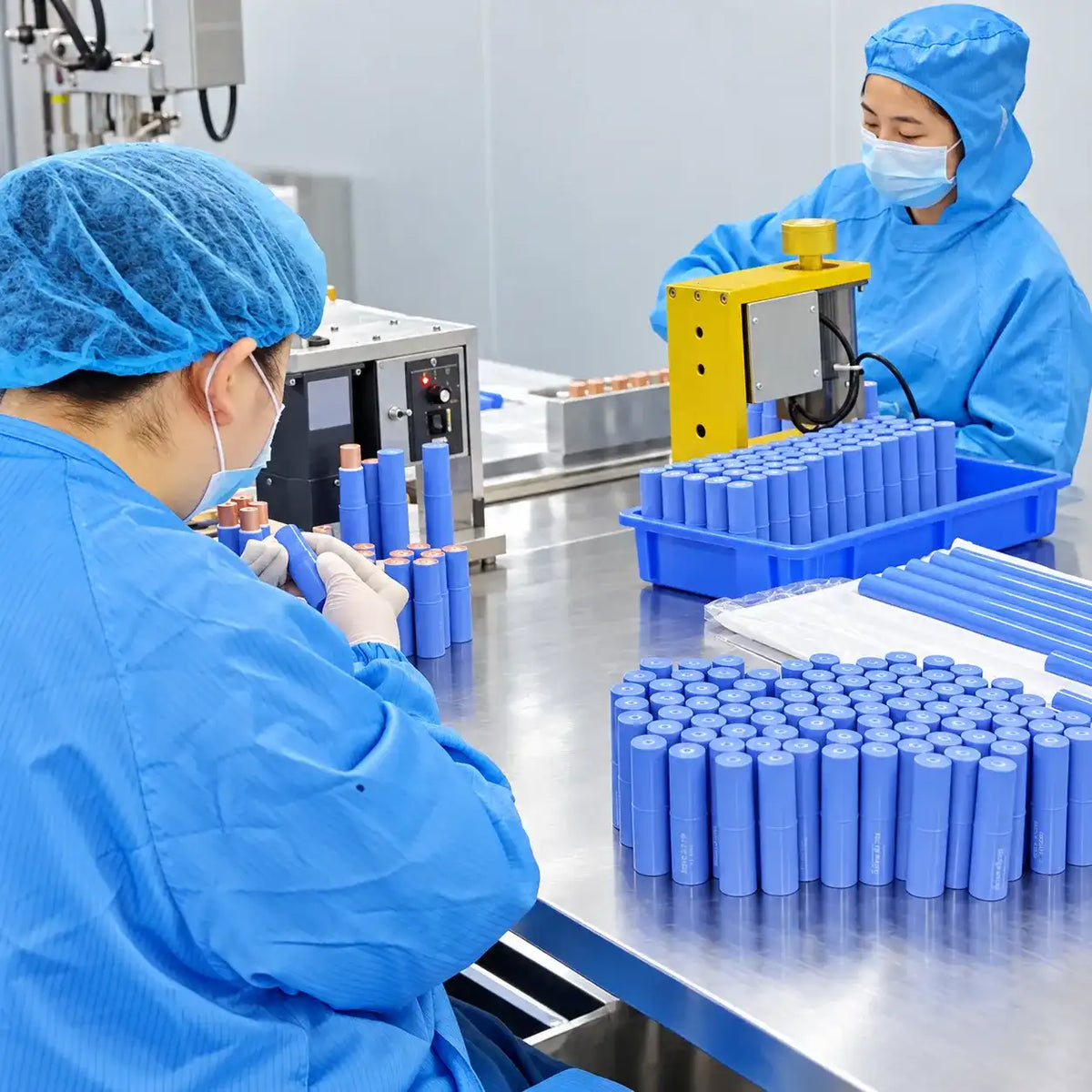 KAIYA production staff handling blue stick containers and exposed makeup bullets at a highlighter manufacturing workstation.