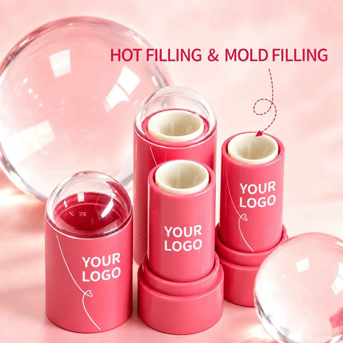 Pink empty highlighter stick containers with clear rounded caps and visible inner cups, illustrated for hot filling and mold filling.