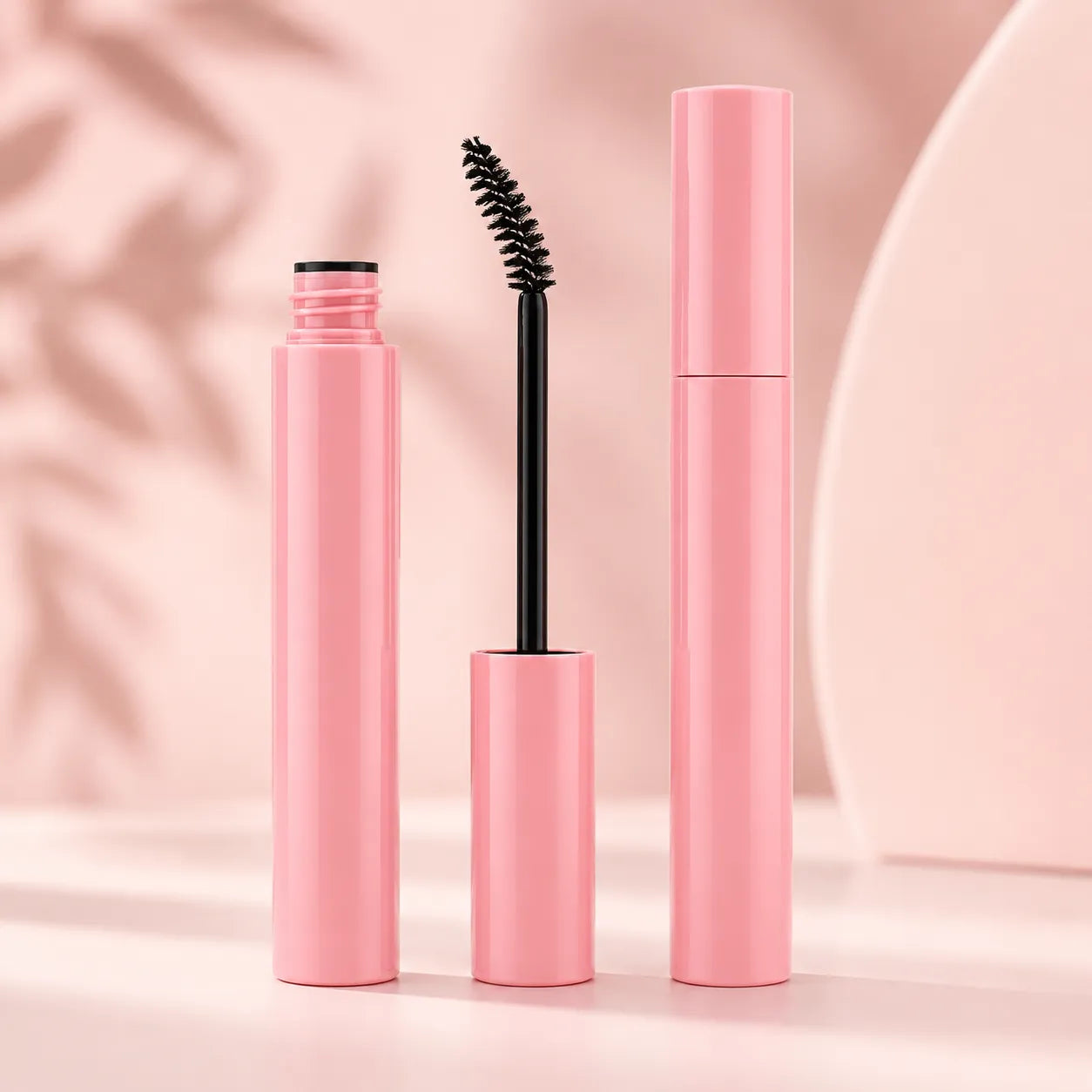 Kaiya hot pink mascara bottle with brush applicator and matching tube design for custom mascara packaging.