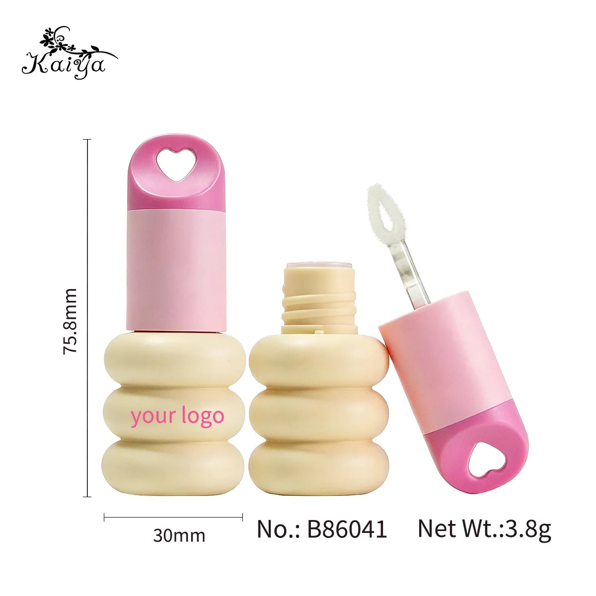 Keychain lip gloss tubes B86041 with heart-shaped cap, stacked ABS body, PETG brush stem and PE wiper by KAIYA.