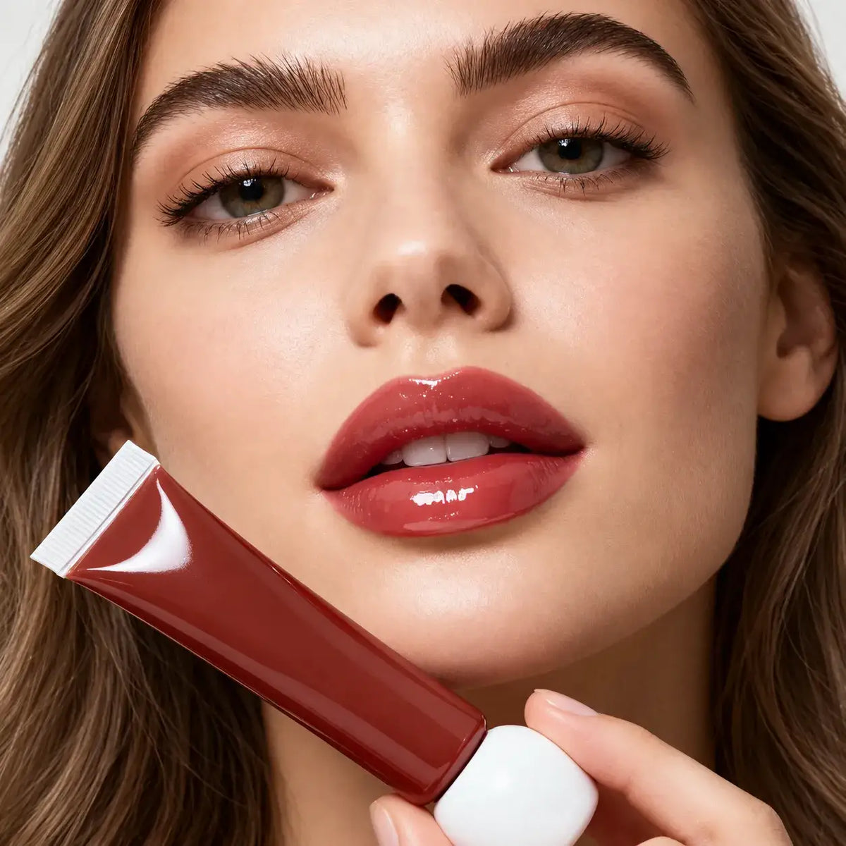 A model applying lightweight tinted lip oil for a glossy red finish with a KAIYA applicator.