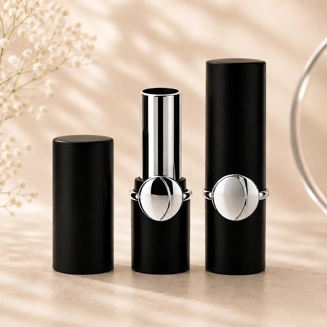 Kaiya lip balm containers with black and silver tube design for custom lip care packaging projects
