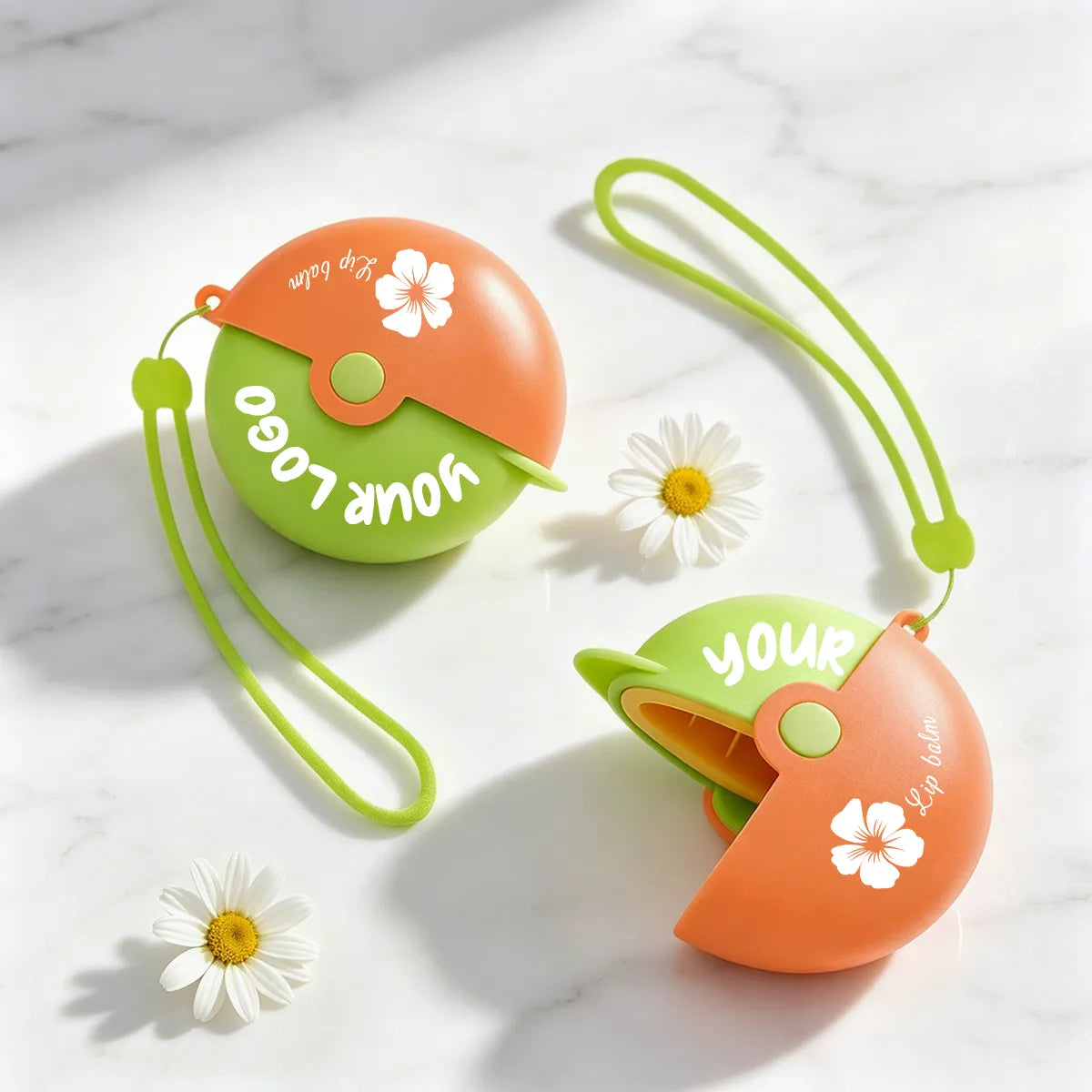Portable lip balm containers with hanging strap and twist cap design for easy carrying and convenient daily use.