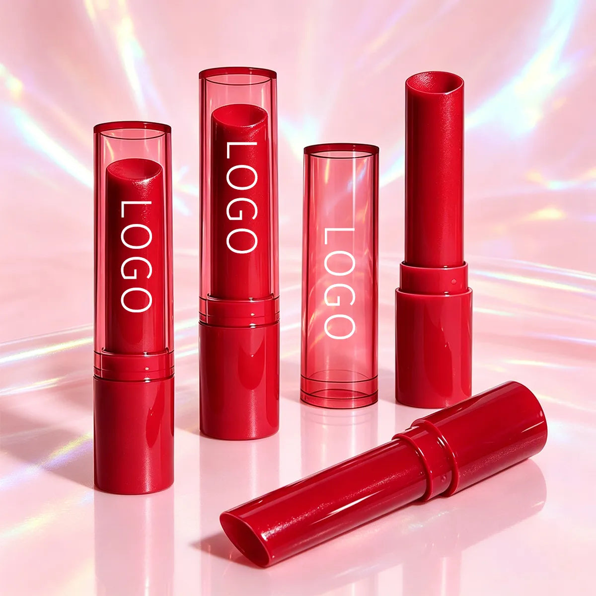 Red lip balm containers with glossy finish and matching caps, showing lip balm red packaging for private label beauty brands.