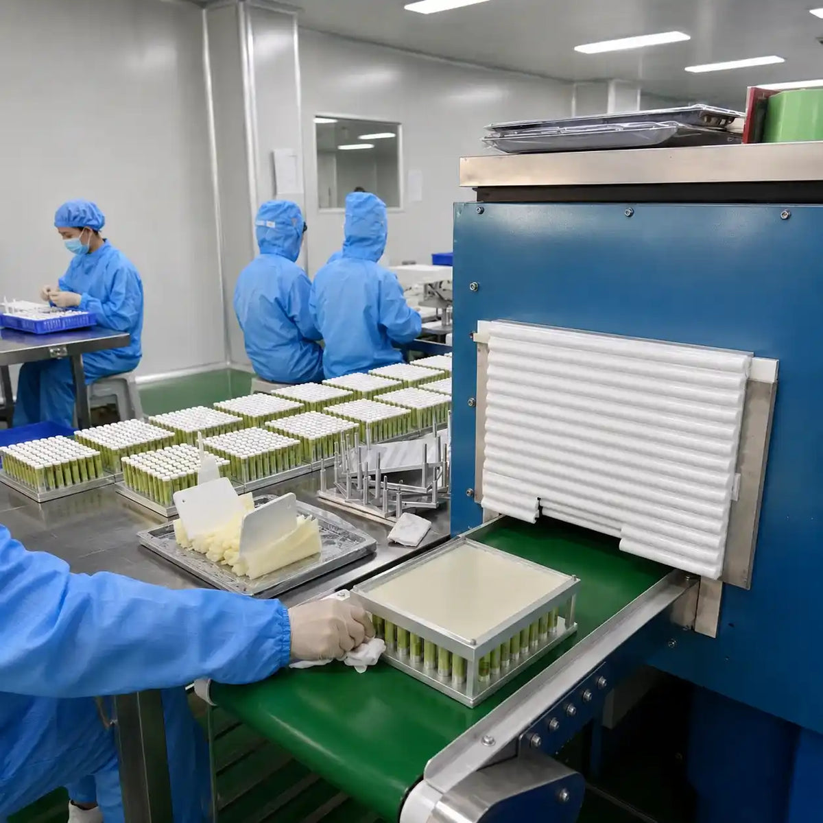 KAIYA lip balm factory with production equipment and workers processing lip balm products on the manufacturing line