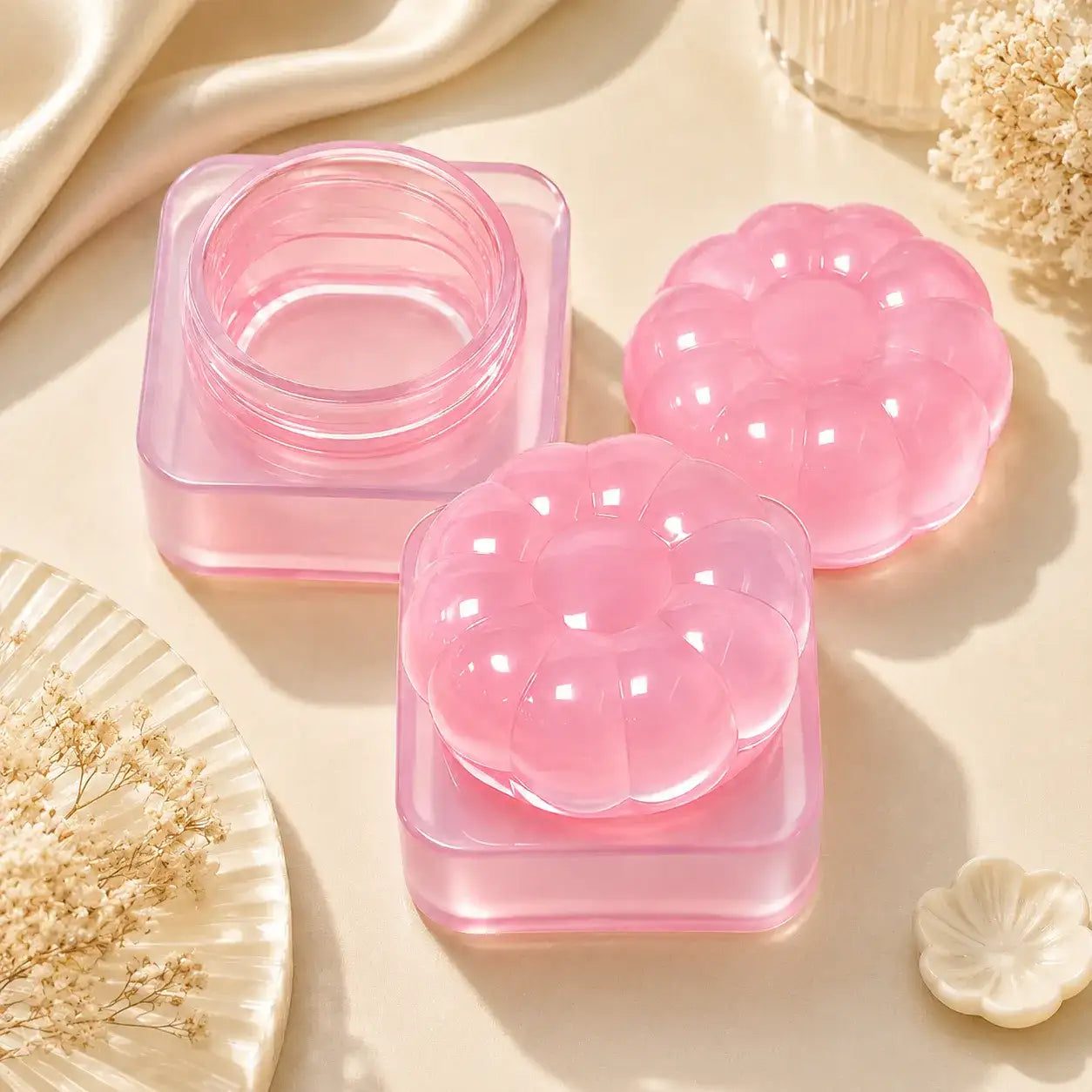 KAIYA lip balm jars in pink flower-shaped packaging with square base and empty cosmetic jar design
