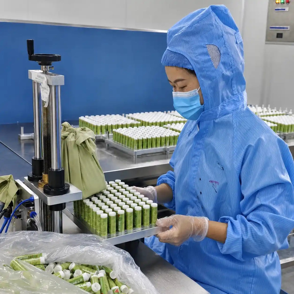 KAIYA lip balm manufacturer with workers handling and inspecting lip balm products during factory production