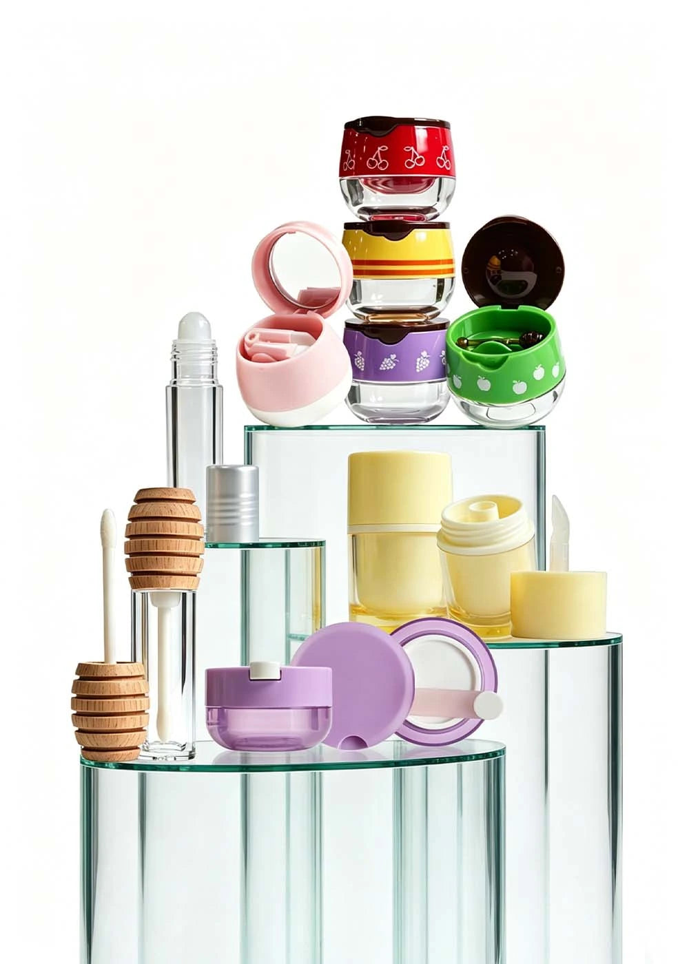 Lip care packaging bulk collection including scrub jars, lip oil tubes, and lip mask containers by Kaiya