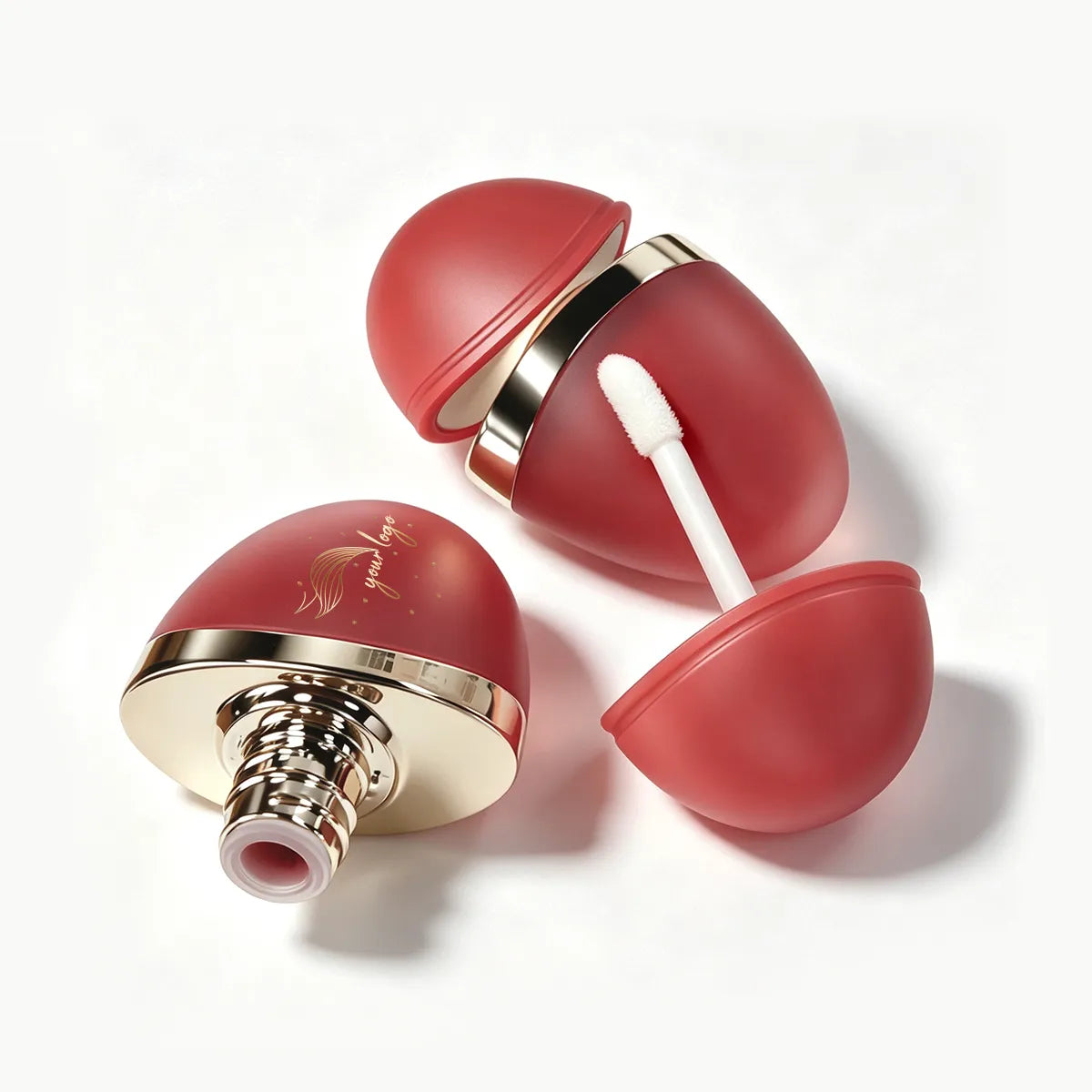 Red A17033 lip gloss containers with gold-colored neck rings, shown open with their dome caps and applicators