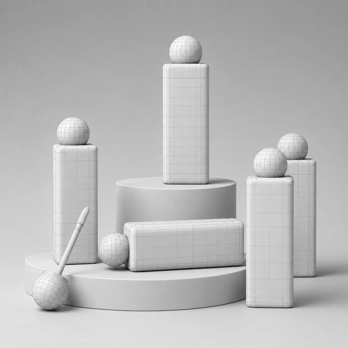 Custom lip gloss containers shown as 3D prototype models with wireframe structure for cosmetic packaging design