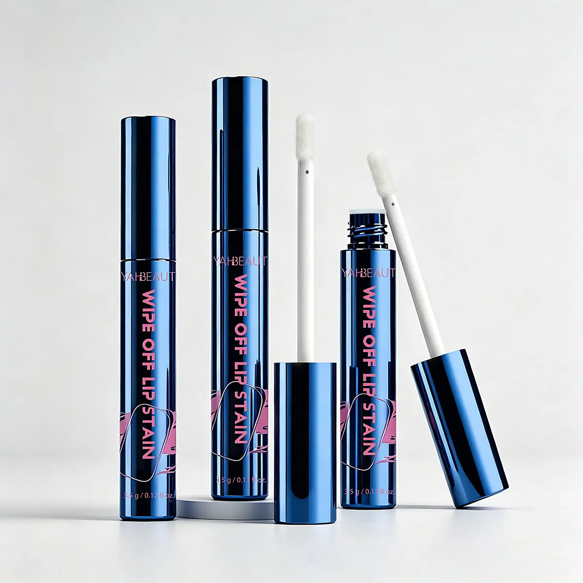 Blue A67056 lip gloss containers with pink screen-printed lettering, shown with closed caps and exposed applicators