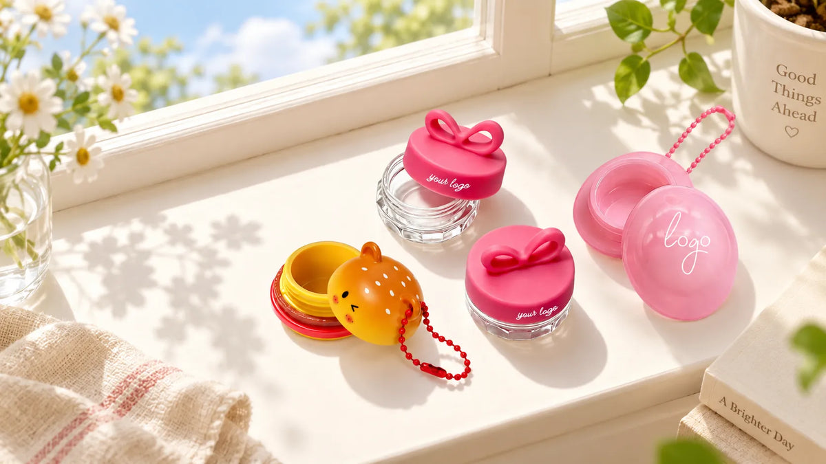 KAIYA lip gloss jars in cute decorative and keychain styles for custom cosmetic packaging