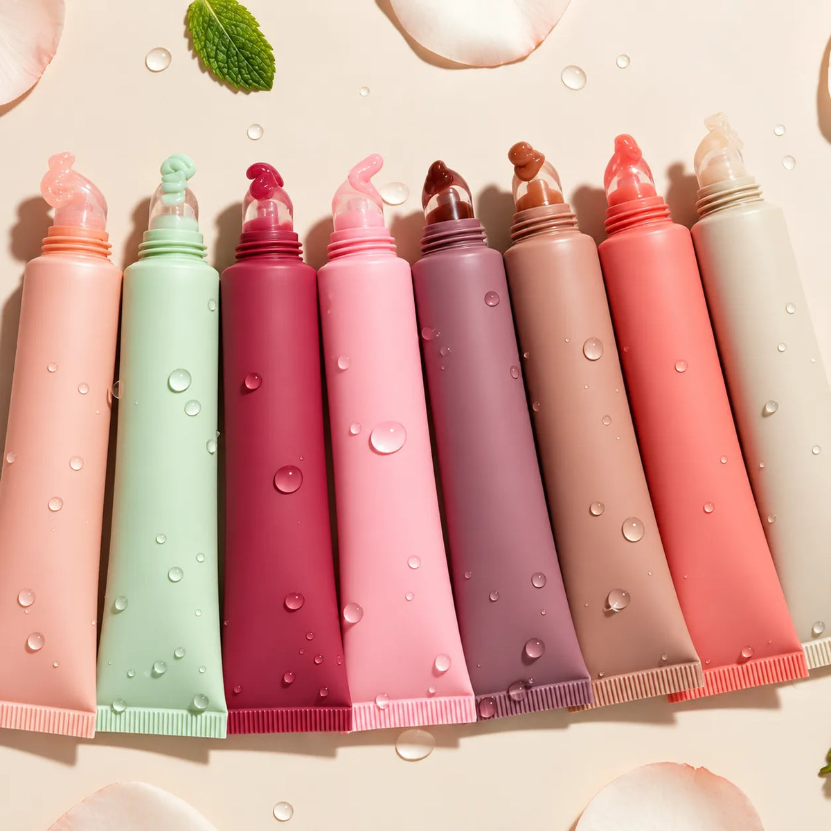 KAIYA colored lip gloss squeeze tube containers with different tip openings for controlled formula dispensing.