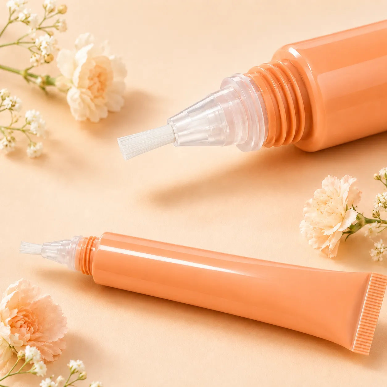 Kaiya lip gloss squeeze tubes with brush featuring a soft brush applicator and peach tube packaging