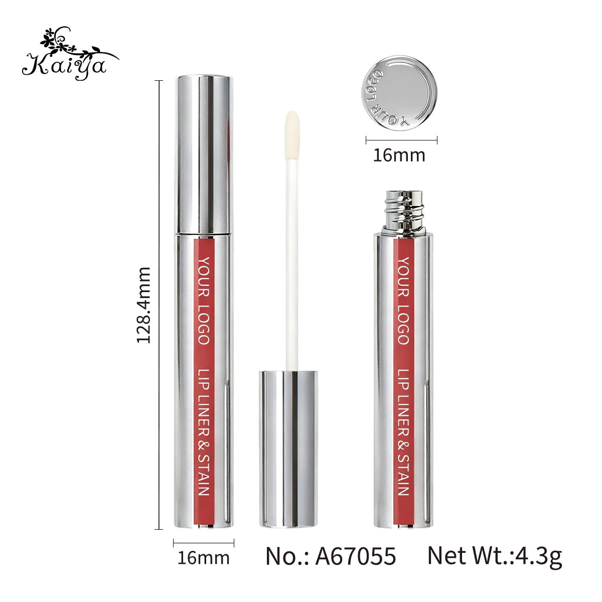 A67055 lip gloss tube measuring 128.4mm high and 16mm in diameter, labeled with a 4.3g capacity