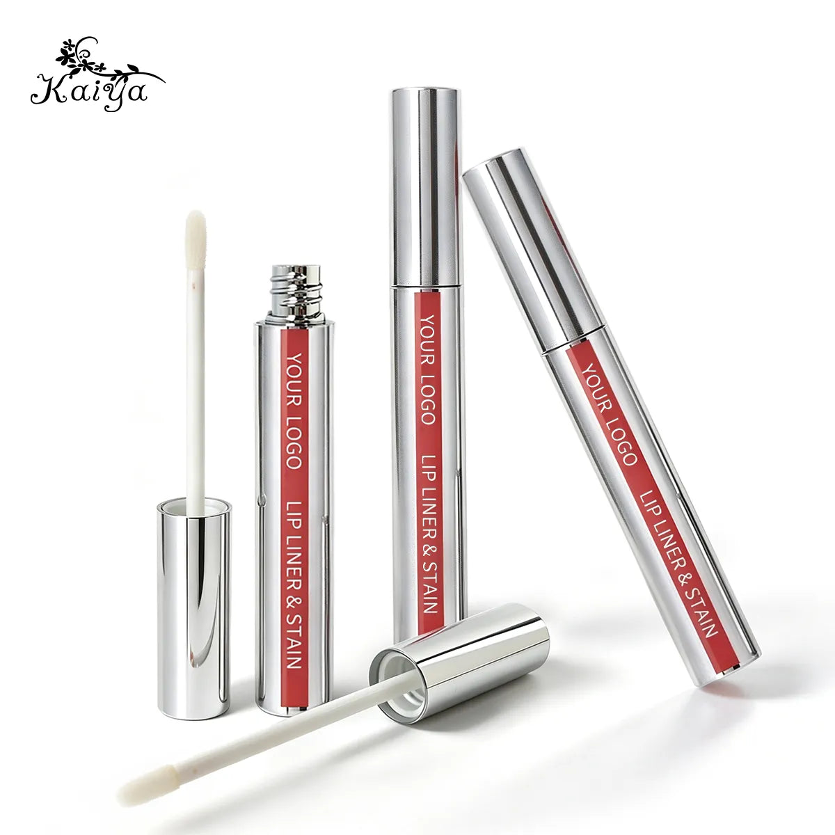 A67055 lip gloss tubes with silver finishes and red panels featuring negative-space screen-printed lettering