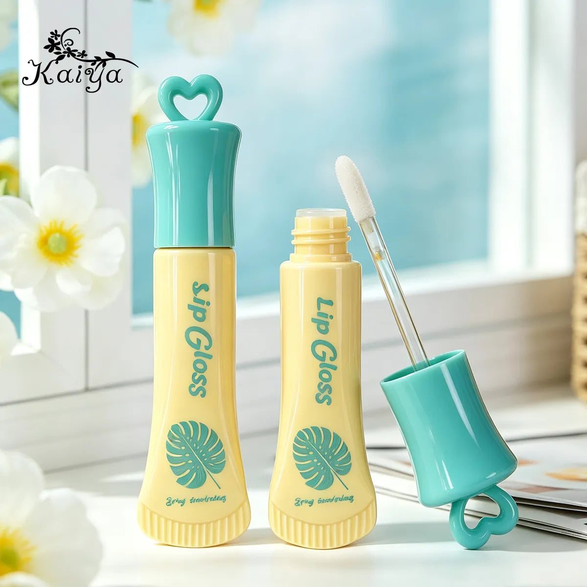 Custom lip gloss tube with applicator and heart-shaped cap by KAIYA