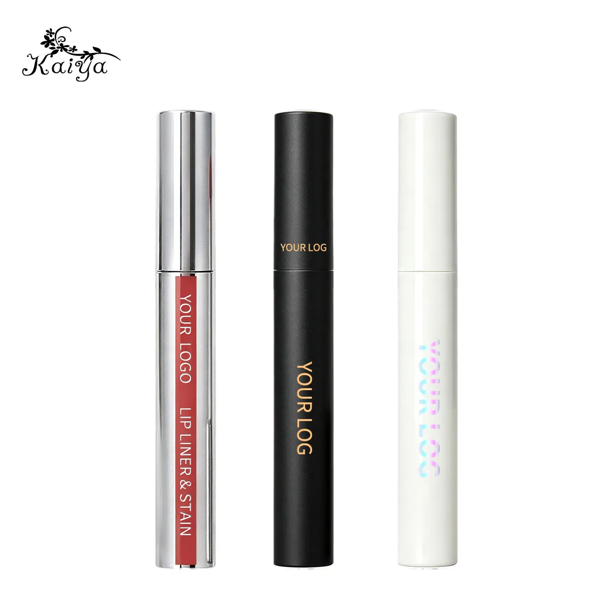 A67055 lip gloss tubes in silver, black and white appearances with contrasting brand logo examples
