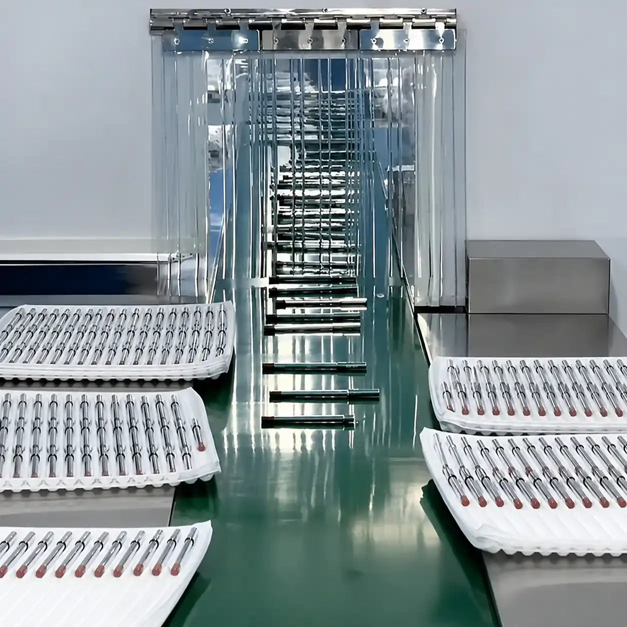 KAIYA lip liner manufacturing production line with finished lip liner pencils arranged in trays for factory processing and inspection