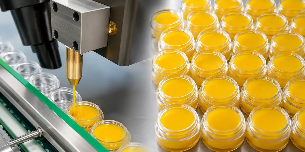 Lip mask manufacturer showing the lip mask filling process and finished lip mask jars in production