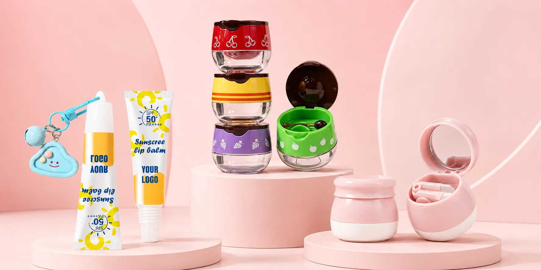 Kaiya lip mask packaging with cute lip care tubes, yellow jar containers, pink translucent jars, and custom container designs for beauty brands.