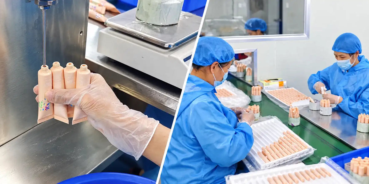 Workers filling and assembling private label lip oil tubes at KAIYA, a lip oil manufacturer.