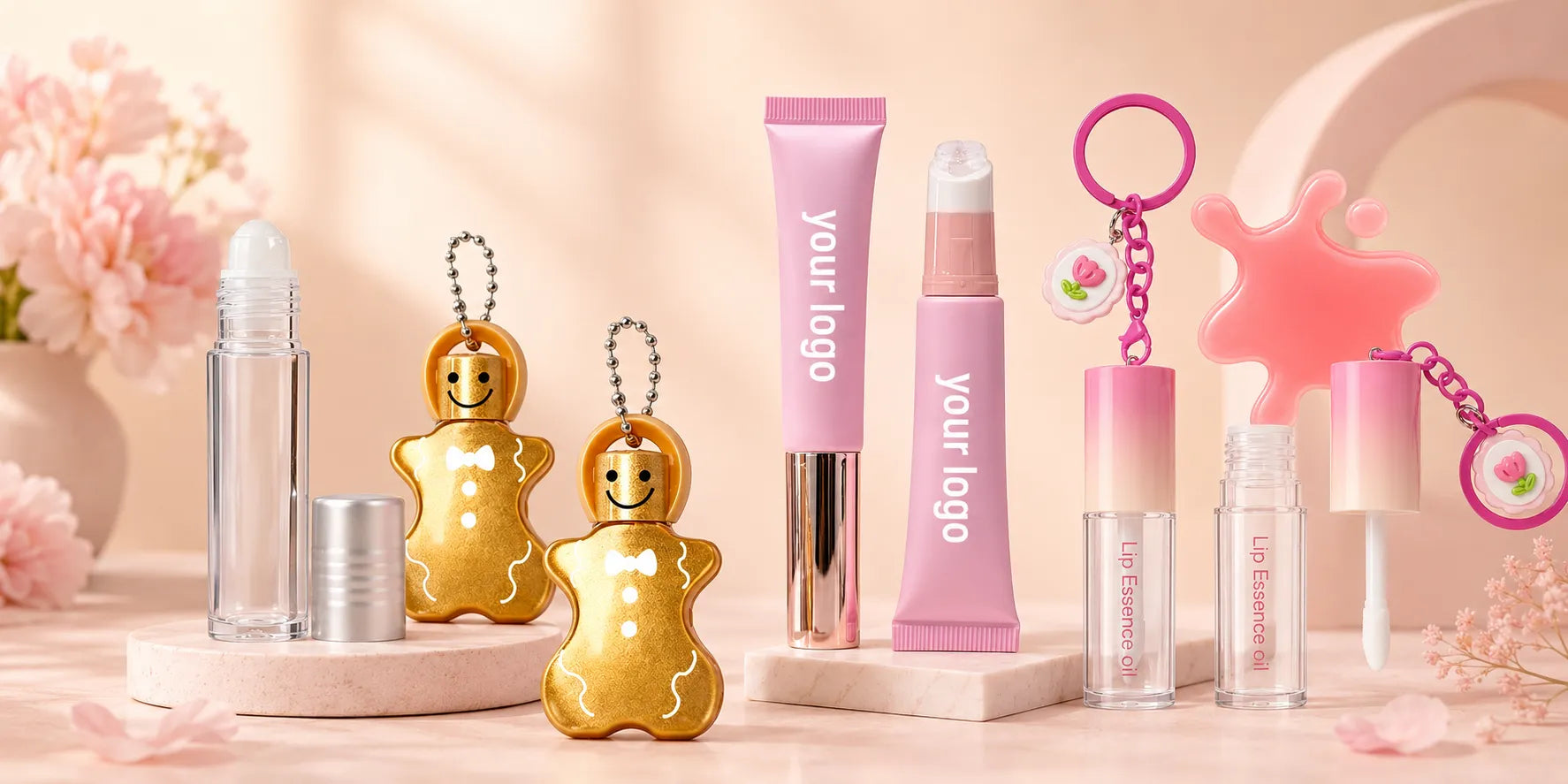 Kaiya lip oil tubes wholesale collection featuring clear roller lip oil packaging, pink squeeze tube lip oil packaging, cute keychain lip oil containers, and novelty seasonal lip oil packaging.