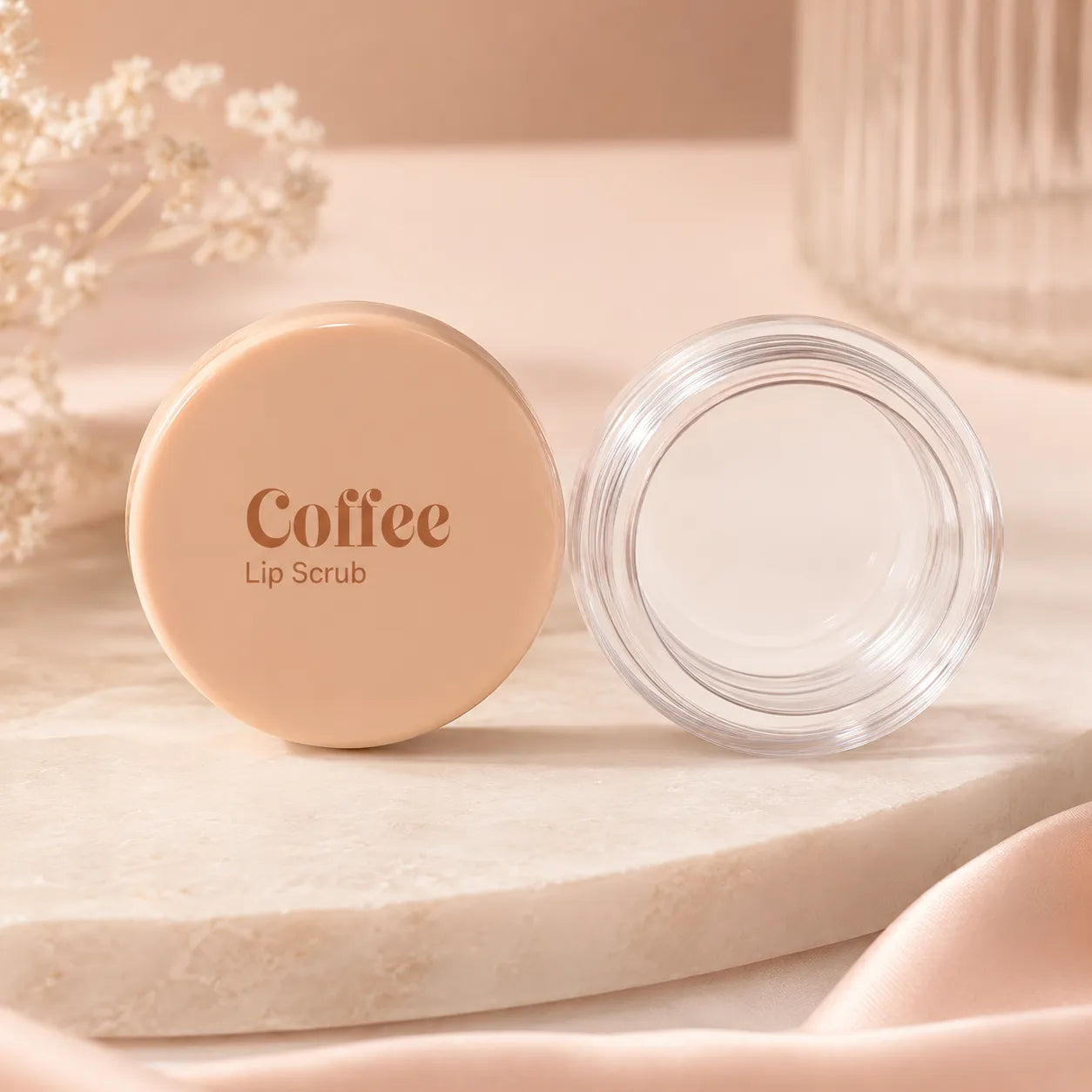Kaiya lip scrub bottles with coffee-style lid and clear empty jar packaging for lip scrub product lines.