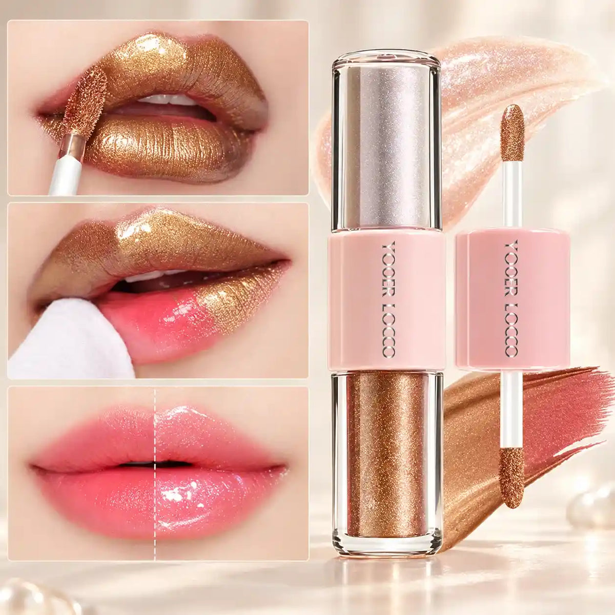 Metallic wipe-off lip stain for lip stain wholesale projects, showing surface color removal and the residual pink stain.