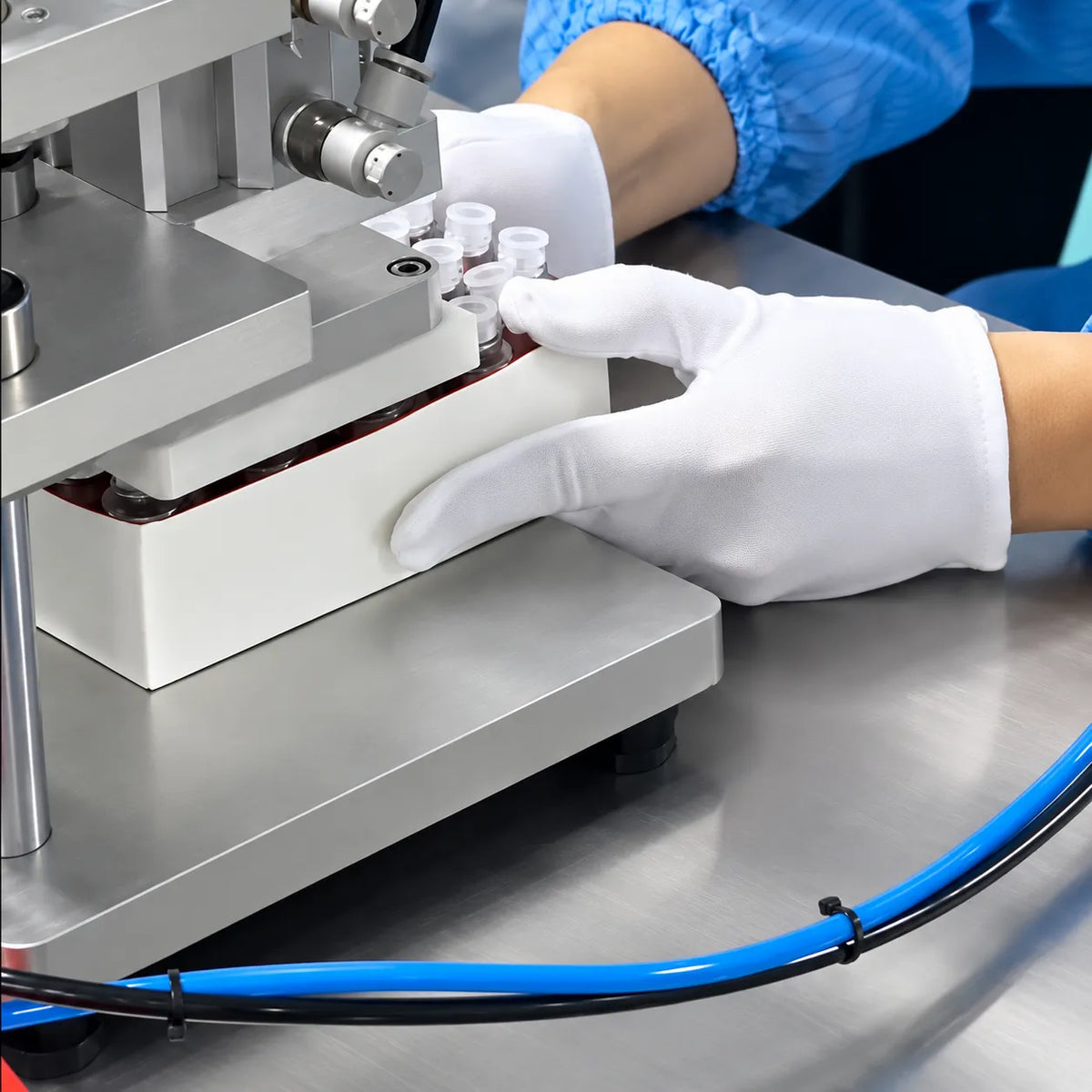 A gloved operator handling filled lip tint containers beside production equipment at KAIYA.