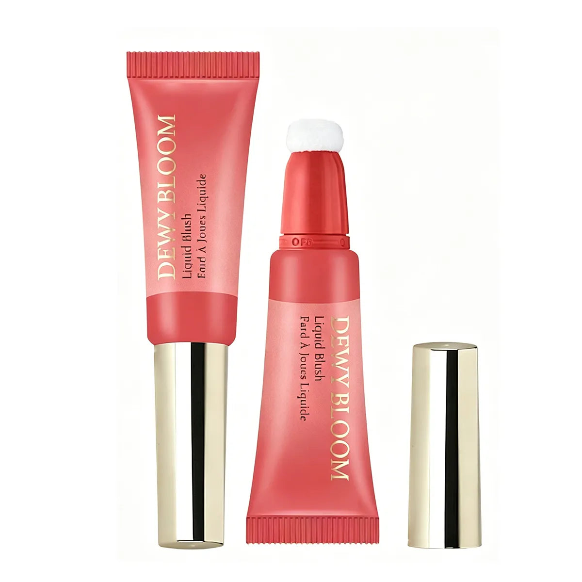 Kaiya liquid blush packaging with hot stamping cosmetic packaging details, featuring red squeeze tubes with metallic gold caps and sponge applicator design.