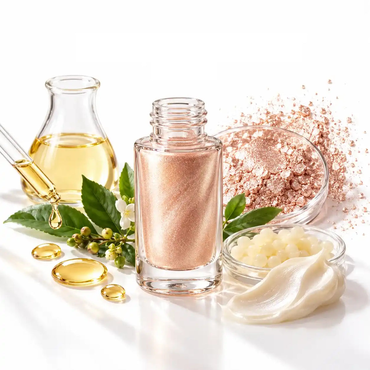 Liquid highlighter formula illustration with a champagne shimmer bottle, pearlescent powder, golden oil, wax-like pieces and botanical elements.