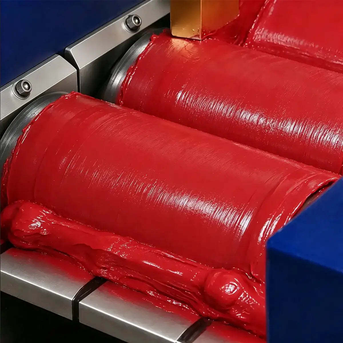 Red liquid lipstick bulk formula undergoing production processing for color and texture consistency