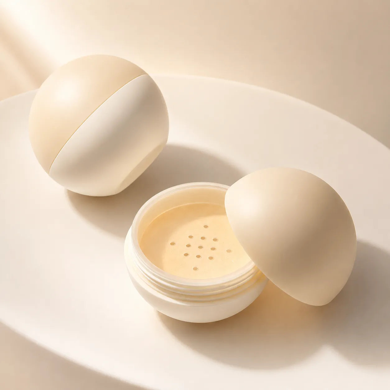 Kaiya loose powder compact empty design with cream round sifter case, open jar, and dome lid on a soft beige background.