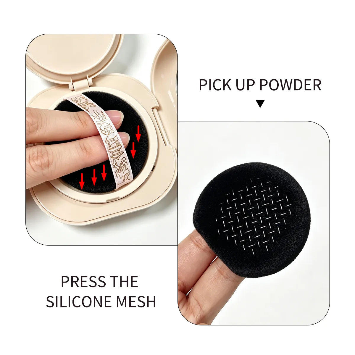 KAIYA loose powder container with puff pressing the silicone mesh for controlled powder pickup