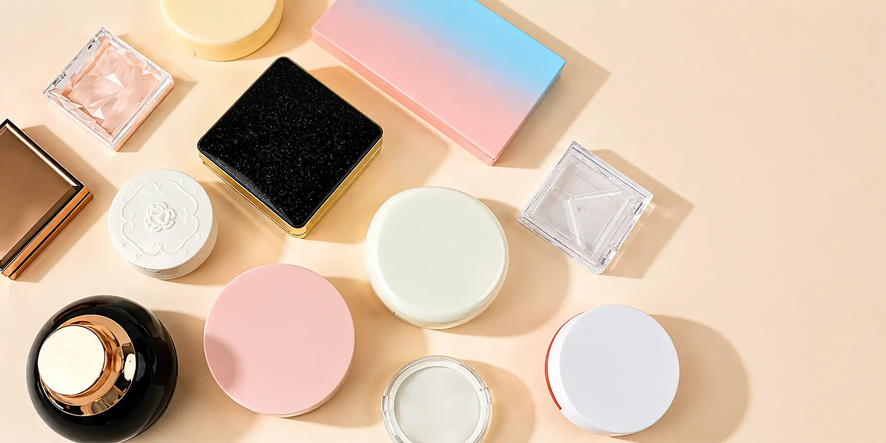 KAIYA makeup compacts wholesale collection with different compact cases for powder, blush, cushion, and eye makeup products