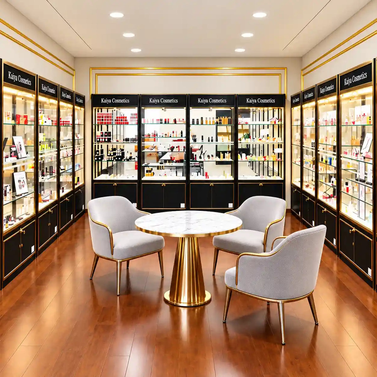 KAIYA cosmetics showroom featuring extensive makeup product and packaging displays for beauty brands seeking a manufacturer for makeup.